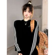 美式爆款设计撞色拼接打底衫宽松圆领长袖t恤女春秋季vintage上衣
