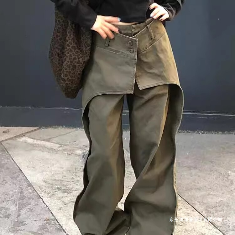 American High Street Style Fake Two-Piece Workwear Denim Pants for Women, Vintage Design, Loose Straight-Leg Drapey Long Pants
