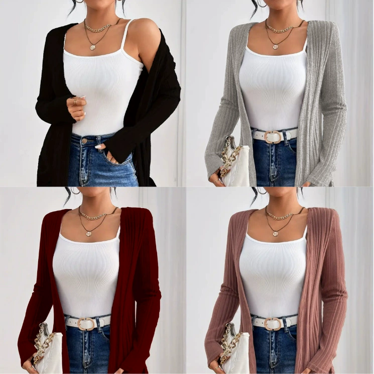 2025 Amazon Европейский и американский трансграничный новый стильный ребристый осенне-зимний повседневный вязаный кардиган с длинными рукавами и ребристой вязкой для женщин.