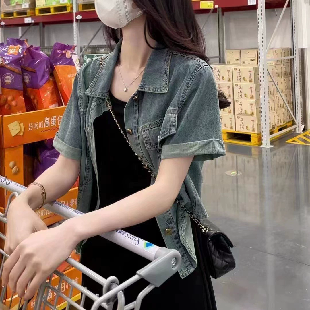 POLO воротник дизайн джинсовая куртка женская свободная дикая рубашка с короткими рукавами