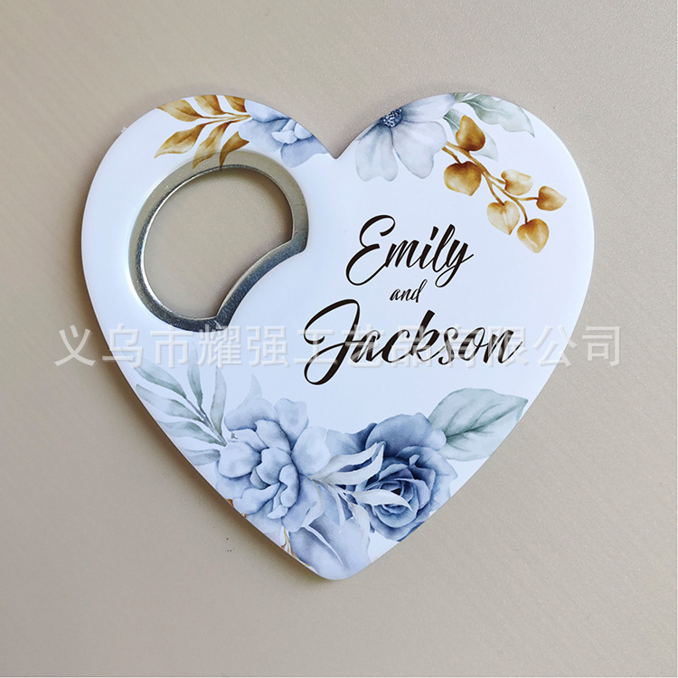 Abridor de botellas con forma de corazón de Amazon, de plástico, imprimible con UV, publicitario, creativo, para bodas, recuerdo, imán.