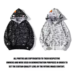 Cross-border foreign trade new bape shark luminous spot camouflage zipper double hat sweater hooded pullover hoodie jacket