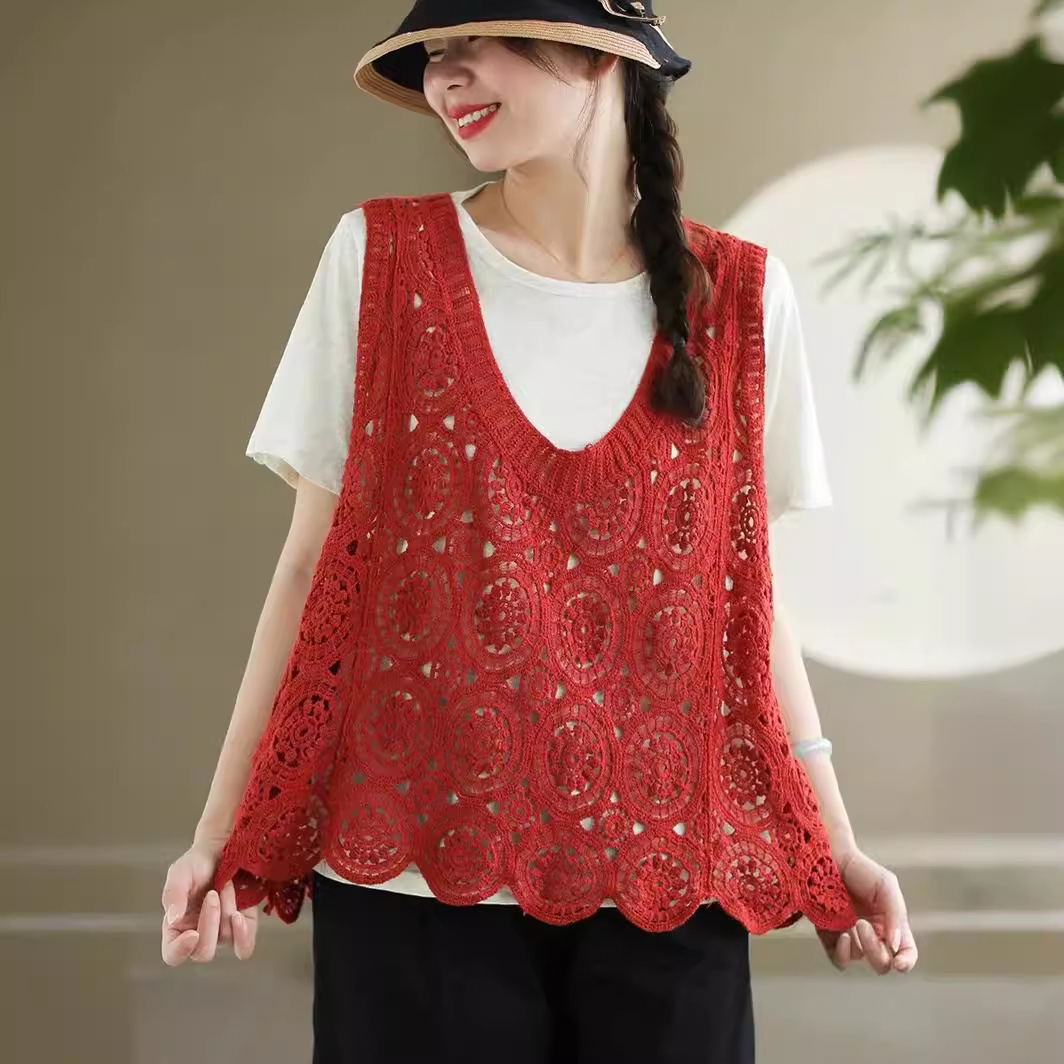 Summer New Artistic Knitted Cotton Hollow-out Vaca Women's Solid Color V-neck plus size Pullover with Solid Color Ware 979