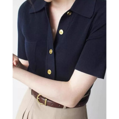 現物メーカー卸売りの新型Polo襟半袖tシャツニットの女性服はスリムで短い上着の女性を見せます。