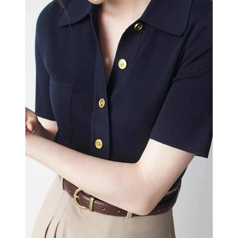 現物メーカー卸売りの新型Polo襟半袖tシャツニットの女性服はスリムで短い上着の女性を見せます。|undefined