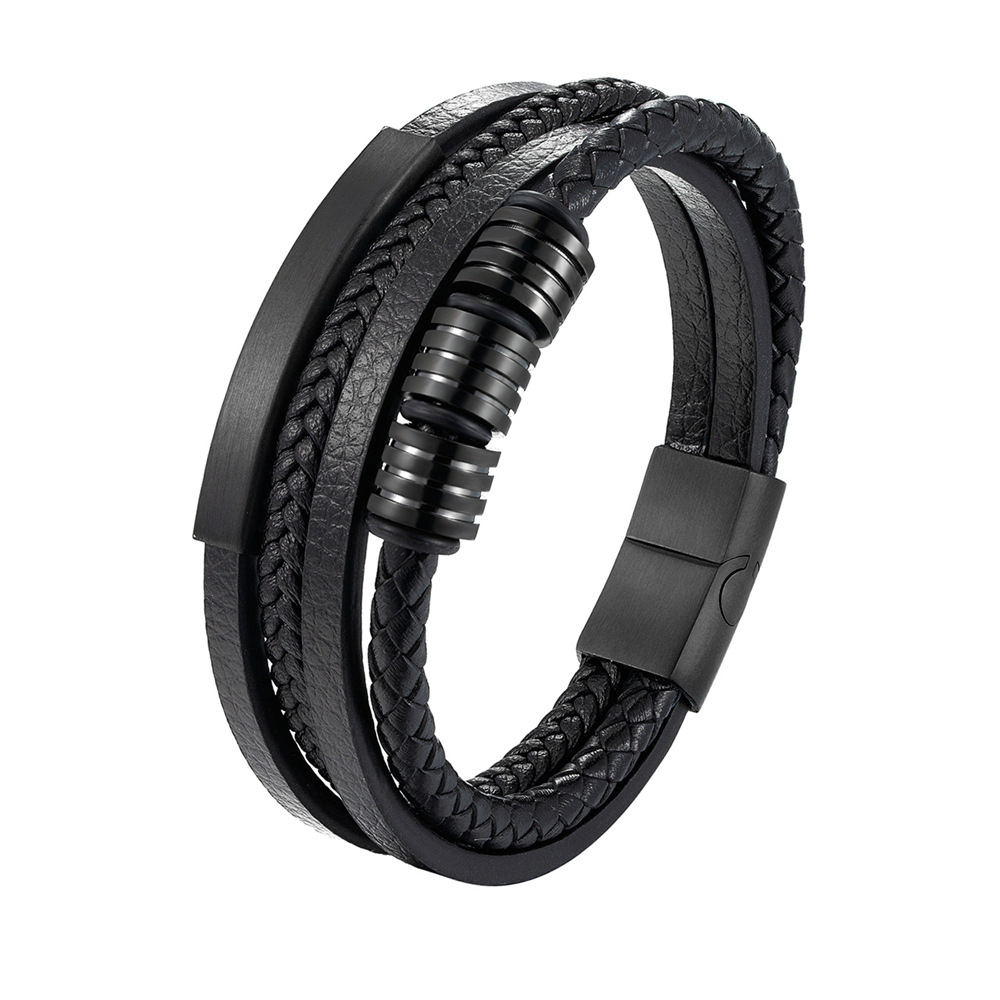 Popular men's titanium steel leather woven bracelet stainless steel magnet buckle multi-layer leather bracelet bracelet wholesale