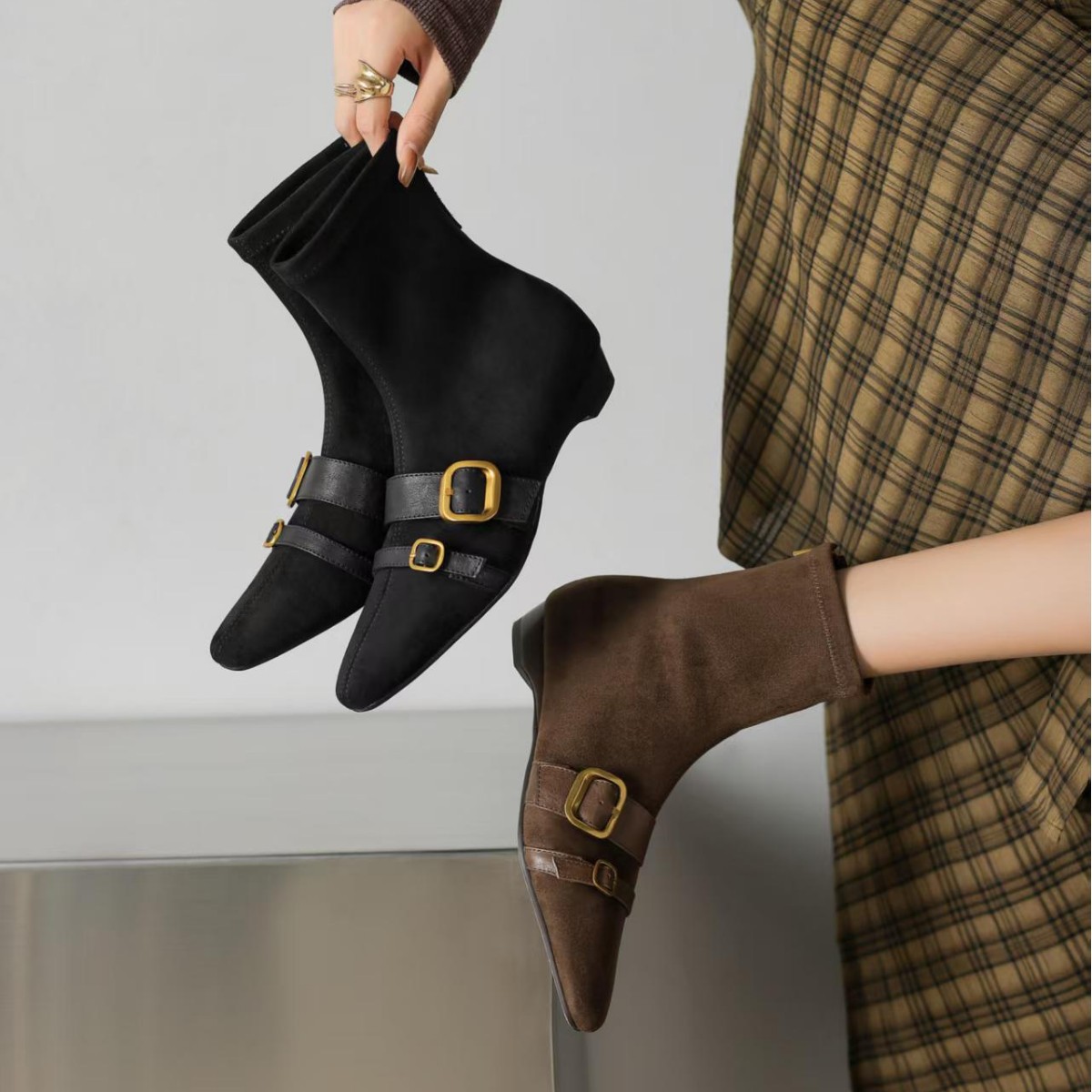 羊皮版~小方头皮带扣后拉链短靴女秋冬新款时尚小坡跟百搭瘦瘦靴