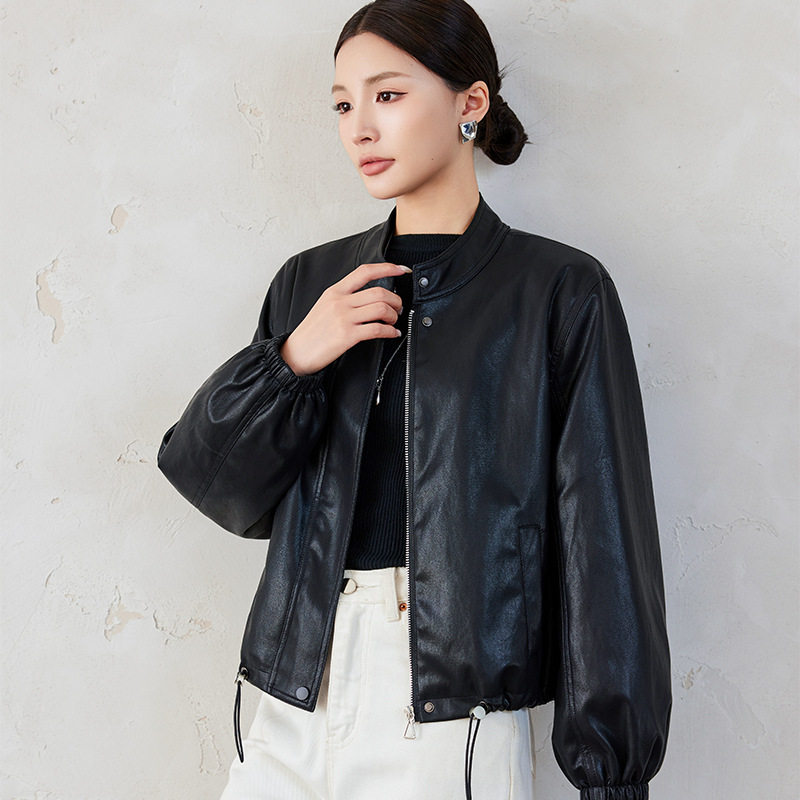 Áo khoác da nữ ngắn cổ đứng lót lông dày dặn — Cà phê đỏ với fleece dày, Màu đen Fleece dày
