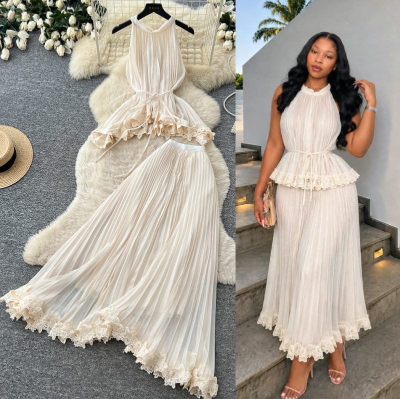 French-style gentle white sleeveless pleated dress for women, summer lace-trimmed elegant and stylish workwear set