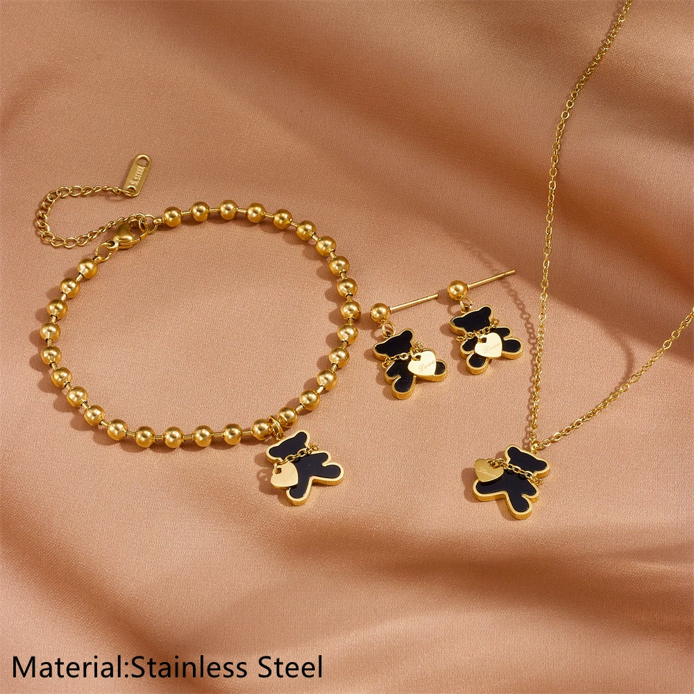 Necklace and bracelet stainless steel, chain, cute set, jewelry heart-shaped, wholesale, with little bears