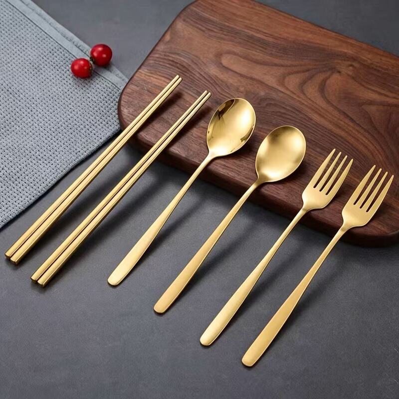 304 Stainless Steel Korean-Style Spoon, High Aesthetic Value Steak Fork, Glossy Chopsticks, Creative Restaurant Tableware Three-Piece Set