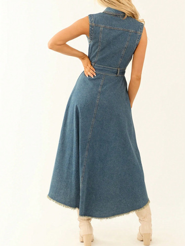 Cross-border European and American denim dress—fashionable, sleeveless, unique, with irregular raw-edge design—on TEMU, Amazon, OZON, and independent websites.