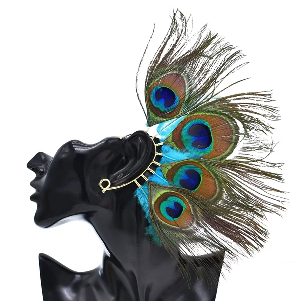 Cross-Border New Product Retro Peacock Feather Ear Hooks Without Piercing Ear Clips European and American Exaggerated Indian Earrings Spot Manufacturer
