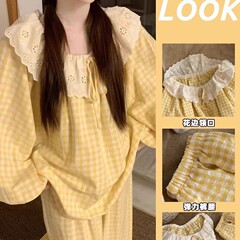 跨境圆领大翻领花边云朵棉睡衣女韩风春秋长袖长裤甜美家居服套装
