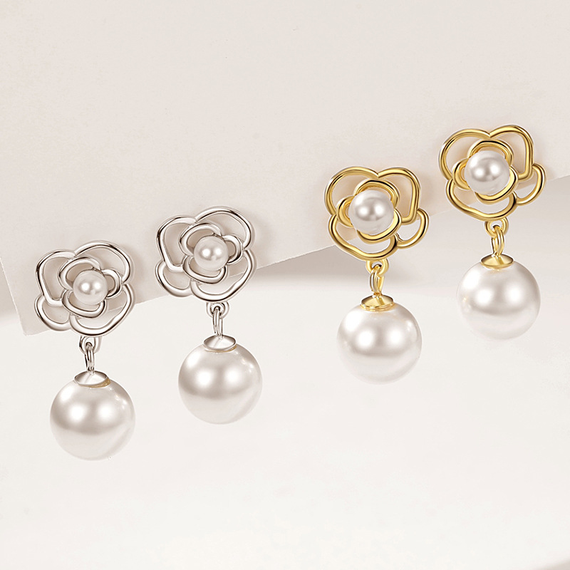 Estilo francés luz de lujo estilo stud pendientes de plata de ley 925 camelia de alto grado sintético perla stud pendientes de temperamento femenino nicho de diseño