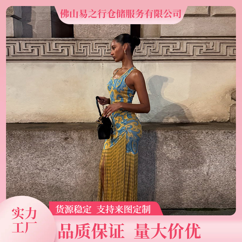 Tassel Printed Dress European and American Cross-Border 2025 Spring New Resort Style Suspender Dress