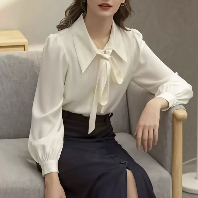 新款灯笼袖蝴蝶结衬衫白色内搭衬衣女正装系带设计感上衣女式衬衫