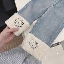 童装女童加绒牛仔裤25秋冬可爱宝宝裤子卡通羊羔毛拼接儿童直筒裤