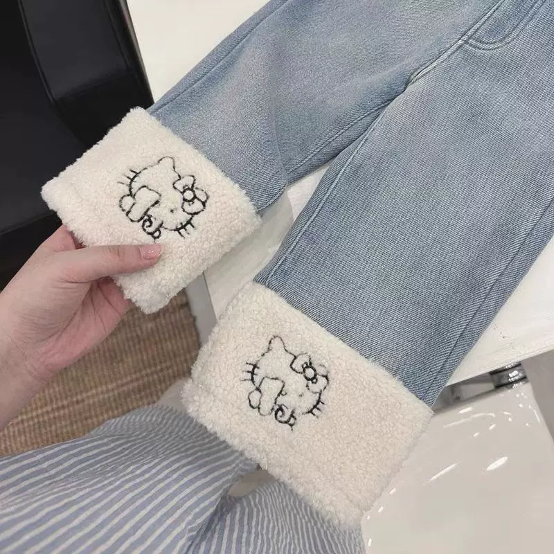 童装女童加绒牛仔裤25秋冬可爱宝宝裤子卡通羊羔毛拼接儿童直筒裤