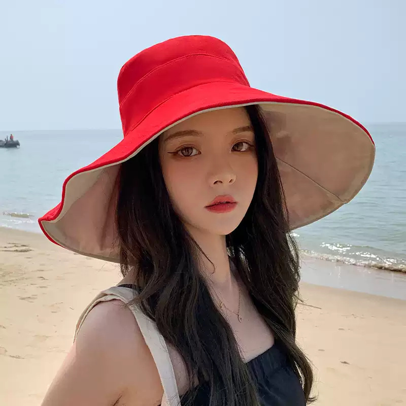 韓国版の新しい女性用の長い両面フィッシャーマンハット、夏用日本製15cmの大きなつばの旅行用日よけ帽子、日焼け止め帽子|undefined
