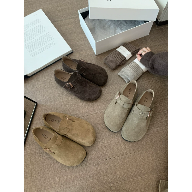 Одиночная обувь из матовой кожи Женская весна и осень 2024 года дикая мягкая подошва ретро один педаль с круглой головкой плоский кожаный ботинок