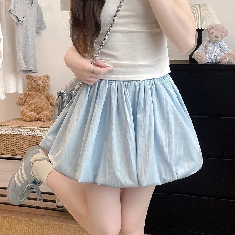 蓝色蓬蓬花苞裙女款高腰显瘦a字半身裙小个子防走光灯笼短裙厂家|undefined