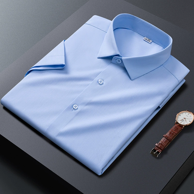 Новый летний стиль в основном рекламирует мужские рубашки из бамбукового волокна, легкие роскошные и качественные мужские однотонные деловые рубашки без утюга с короткими рукавами.
