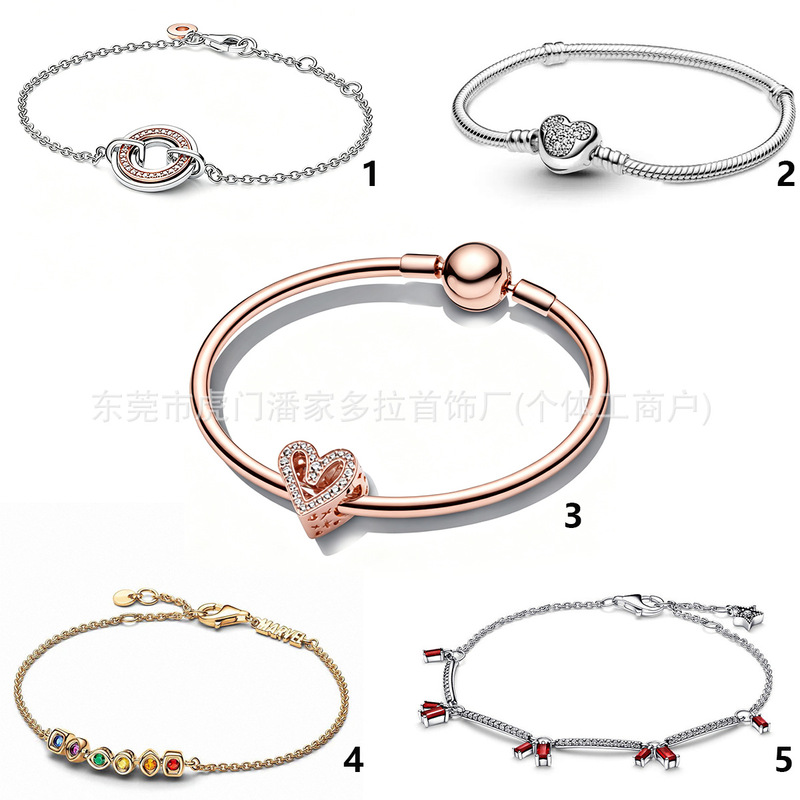 Pandora white copper silver-plated bracelet with inlaid heart circles, exquisite and sweet series, popular DIY jewelry