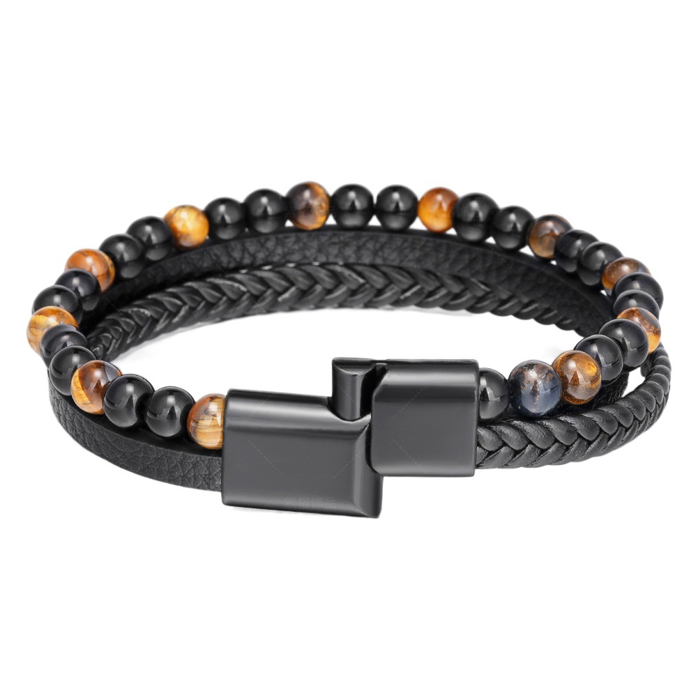 Simple hand-woven leather natural Tiger Eye stone bracelet hand-woven volcanic stone beaded men's bracelet in stock