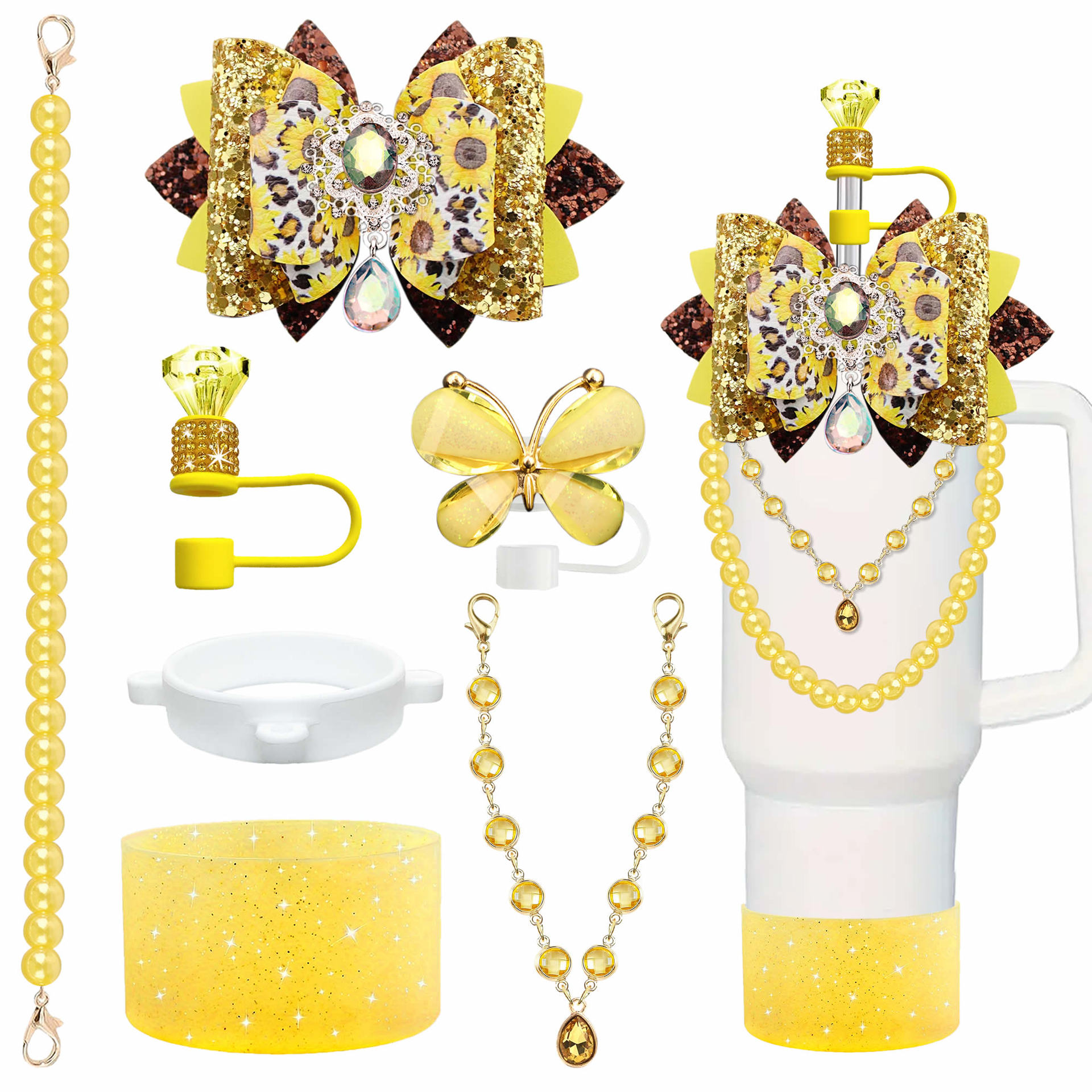 Accesorios de taza Stanley colgante de cuerda de mano flor de silicona gorra de paja de peluche colgante de taza cadena de taza de color cubierta de taza