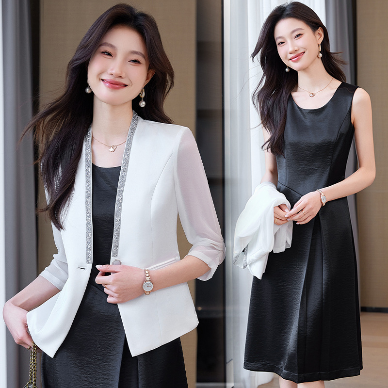Cross-Border White Collarless Blazer for Women, New Summer Style, Elegant Professional Waist-Cinching Suit Dress Set, Thin