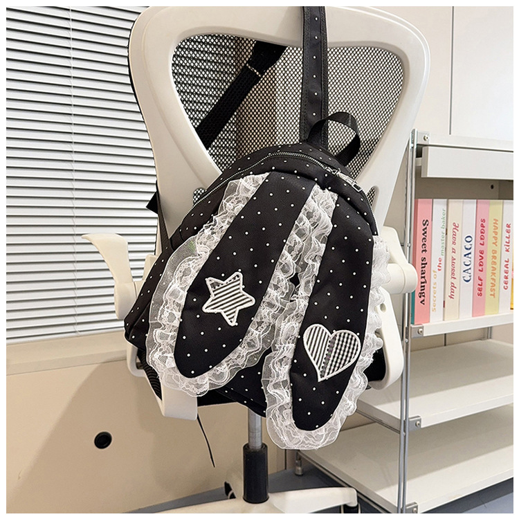 Indigo Smoke Mesh Bunny Ear Student Backpack Japanese Style Cute Girls School Bag High-Value Casual Versatile Travel Shoulder Backpack