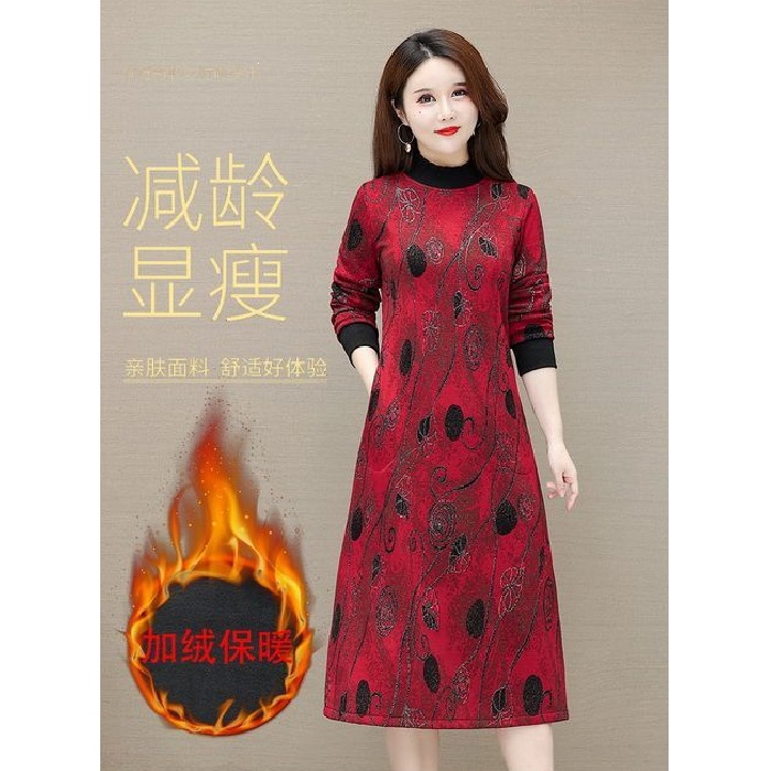 Elegant autumn and winter dress for middle-aged mothers, new style women's dress with fleece lining, thickened, suitable for outer wear, tummy-concealing, green color