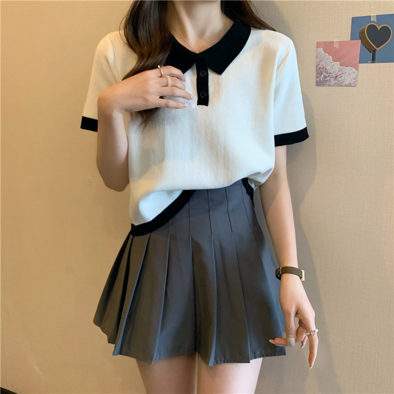 [Rib] Short-sleeved Button Shoulder Shirt Women's Color-matching Spring and Summer Shirt Design Niche Short Top
