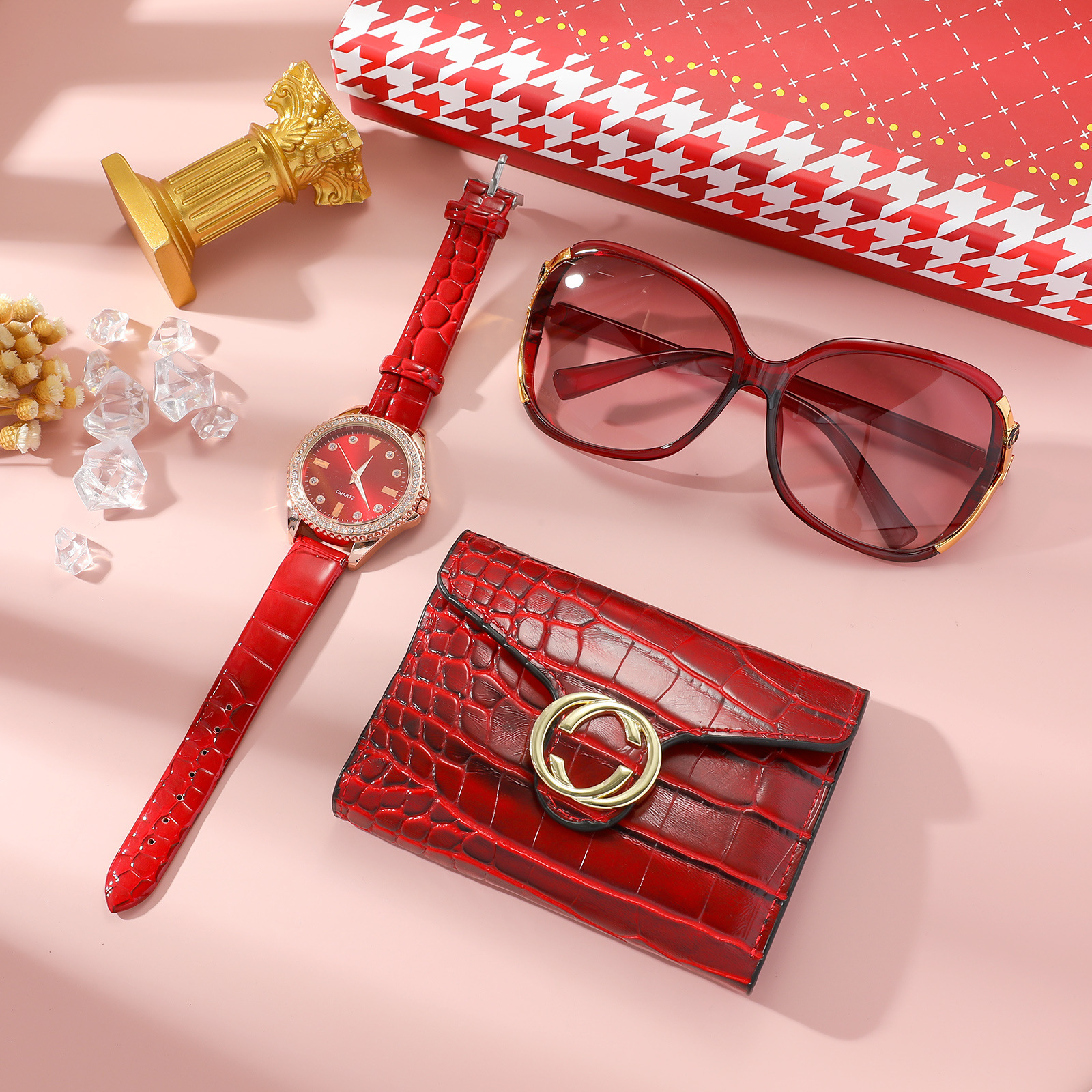 Set de Reloj para Mujer en Caja de Regalo, Reloj Rojo + Cartera + Gafas de Sol + Perfume, Set de 3 Piezas