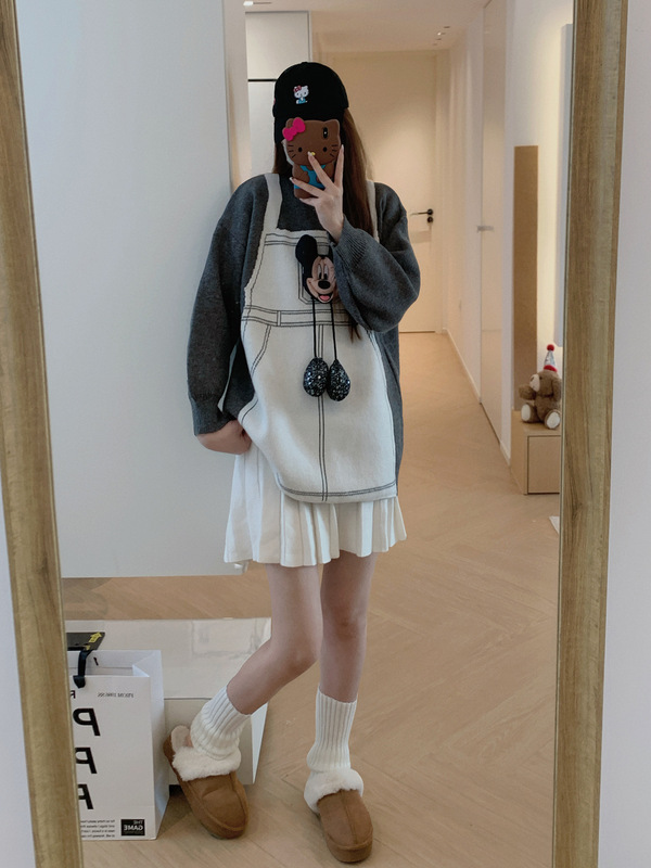 时尚假两件卡通米奇套头毛衣女2025秋冬新款韩版宽松休闲针织外套|undefined