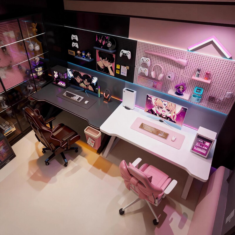 Double Computer Desktop Table for Couples, Home Gaming Table, Simple Office Desk, Bedroom Desk, Side-By-Side Table for Playing Games