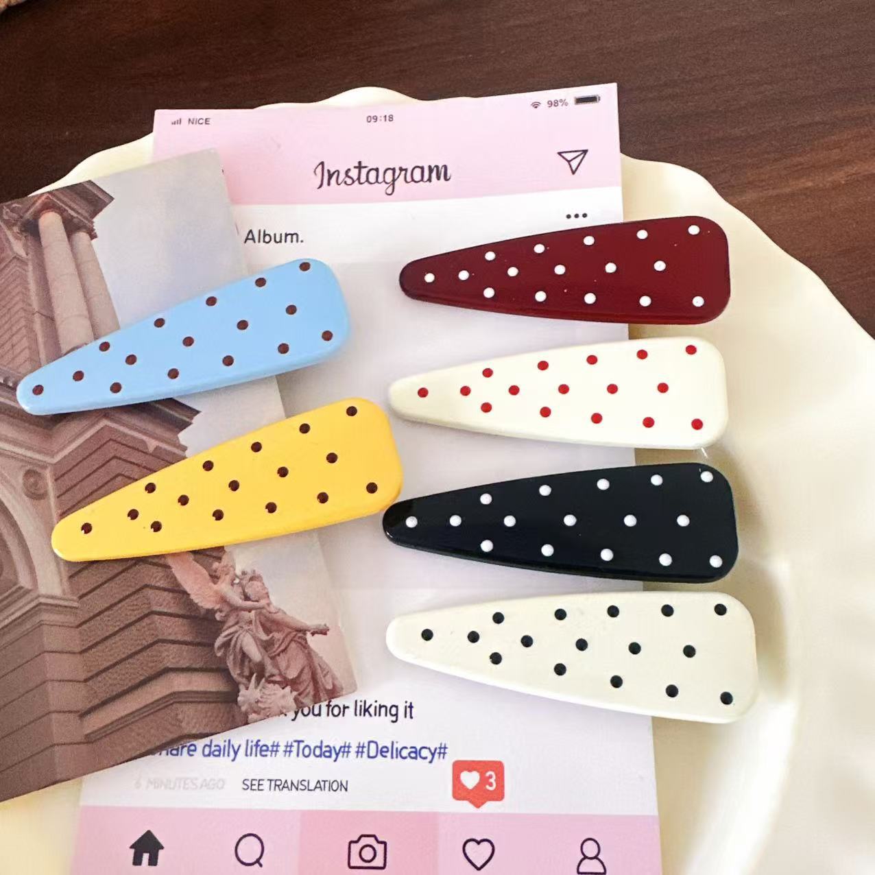 Summer vibe cream yellow polka dot triangle hair clip, sweet and cute bangs clip, side clip, hair accessory for women