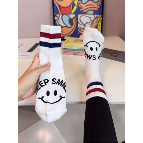 Korean Dongdaemun Dual Bar Smiling Socks Women's Mid-Calf Cotton Socks Autumn New Comfortable Breathable Sports Socks for Women