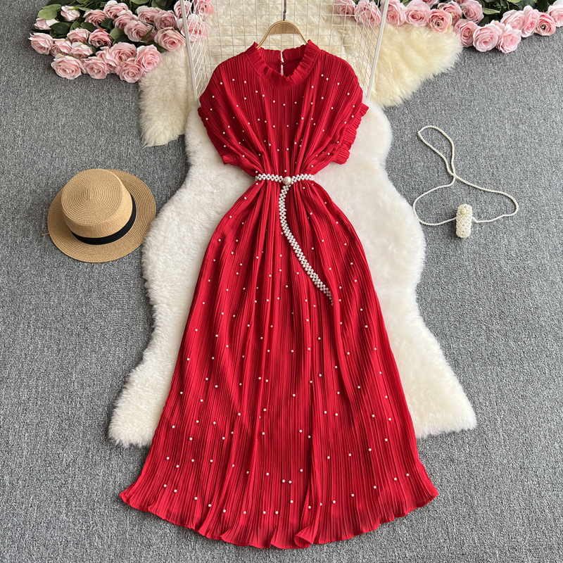Women's Clothing Heavy Beaded Round Neck Dress Waist Slimming Pleated Elegant Dress Long Skirt_ecoleips.com