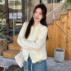 2025新款温柔甜美气质蕾丝拼接长袖针织开衫韩版时尚洋气百搭上衣