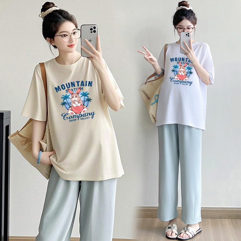 Maternity Wear Simple Short-Sleeved T-Shirt Set Summer Loose Fit to Cover the Belly and Look Slimming, Apricot-Colored Base Shirt Plus Size Top