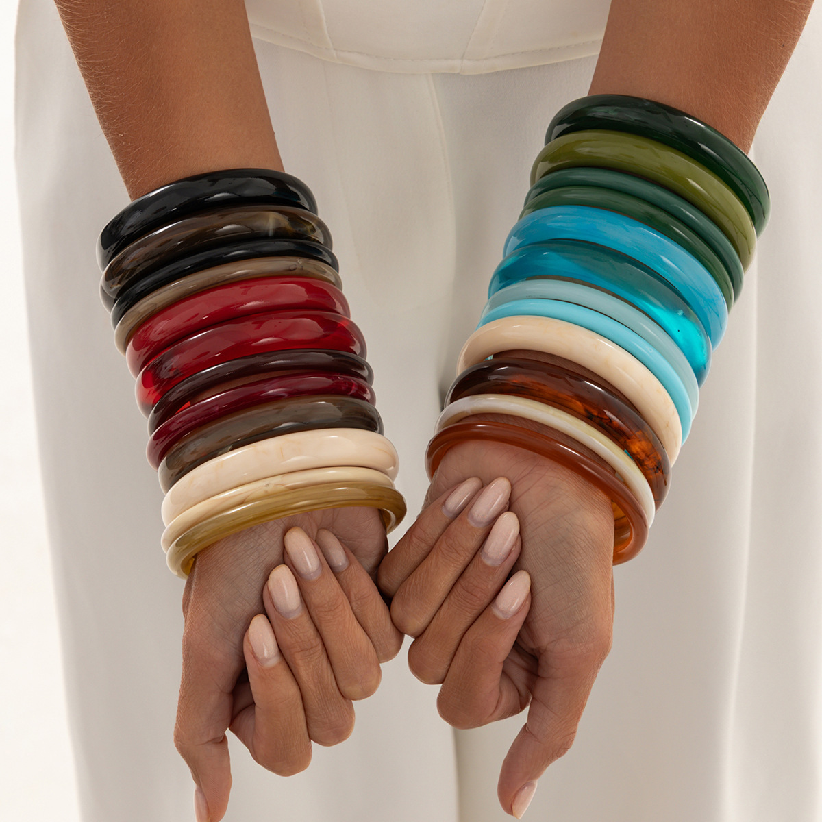 European and American Cross-border Fashion Color Gradient Resin Stacking Bracelets Vintage INS Style Arc-shaped Polished Closed Bangle Bracelets