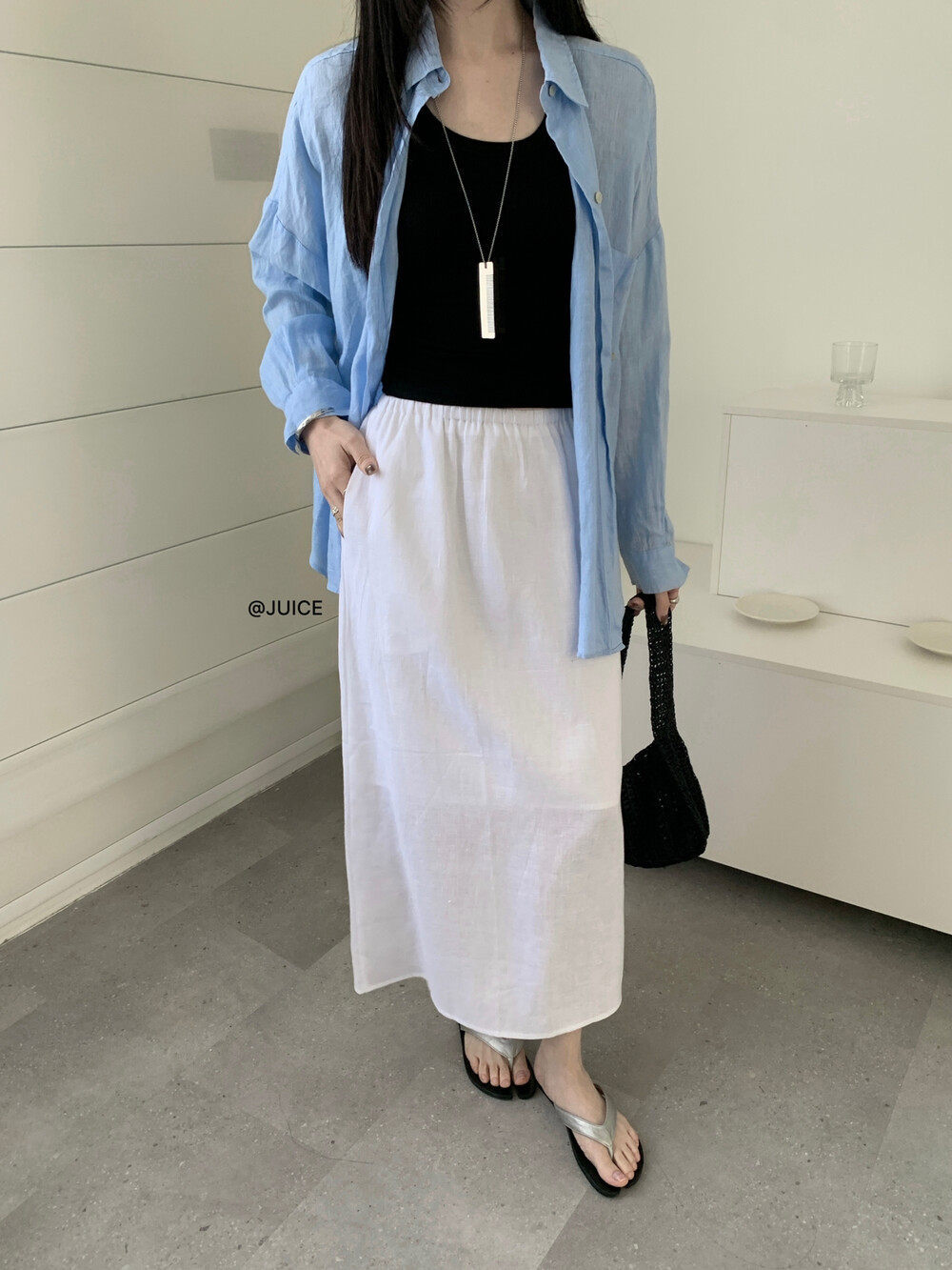 Chân váy linen cạp chun chữ A dáng dài nữ phong cách tối giản — màu đen, Xanh đen, Xanh nước biển, Màu cà phê chi tiết 18