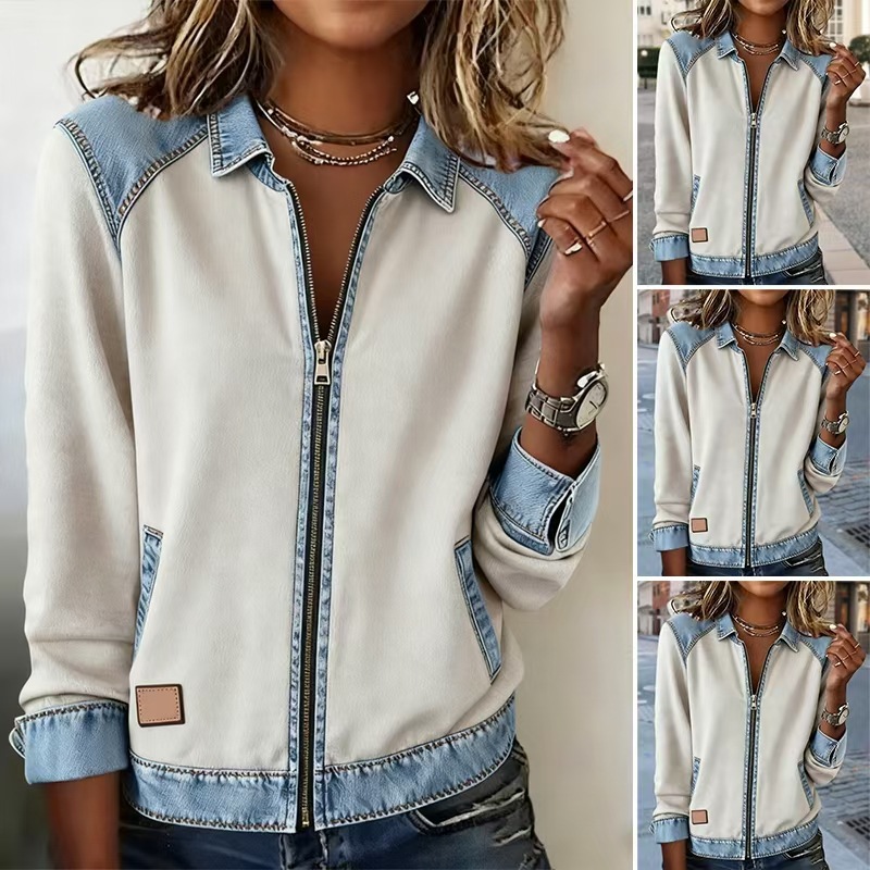 2025 Amazon Cross-Border Washed Denim Women's Long-Sleeved Jacket Casual New Zipper Style Ready for Sale