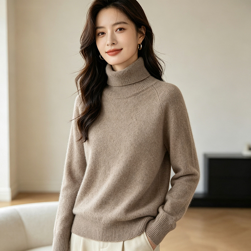Solid color, high-neck women's knit sweater with raglan sleeves, ribbed hem, loose fit, suitable for work, casual wear, and versatile as a pullover