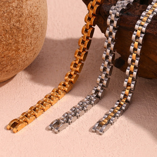 European and American Fashion Simple Niche Accessible Luxury Popular Hand Jewelry Stainless Steel Plated 18K Gold Splicing Thin Strap Chain Bracelet for Women