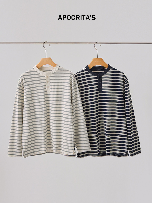APO | クロスボーダーストライプ長袖メンズTシャツトレンディブランドルーズラウンドネックヘンリーネックインナートップボトリングシャツ男性用|undefined