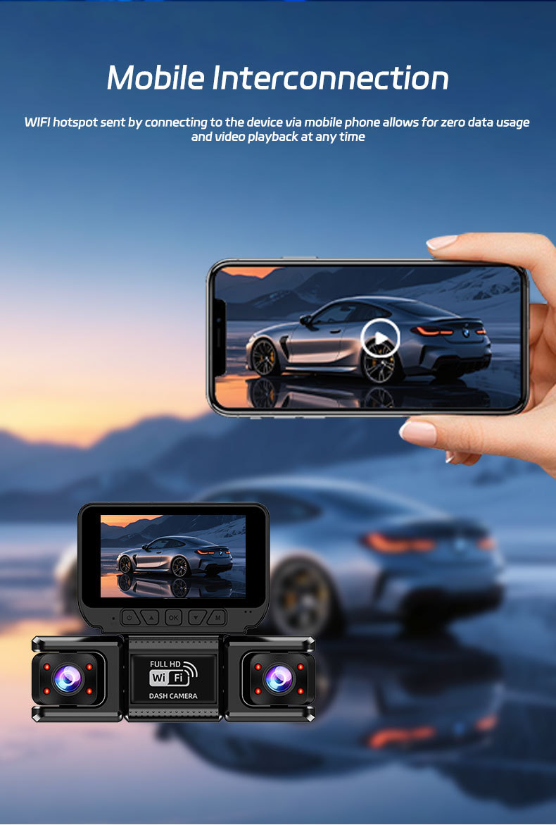 360-degree four-lens dashcam with WiFi mobile phone connectivity, infrared night vision, and loop recording