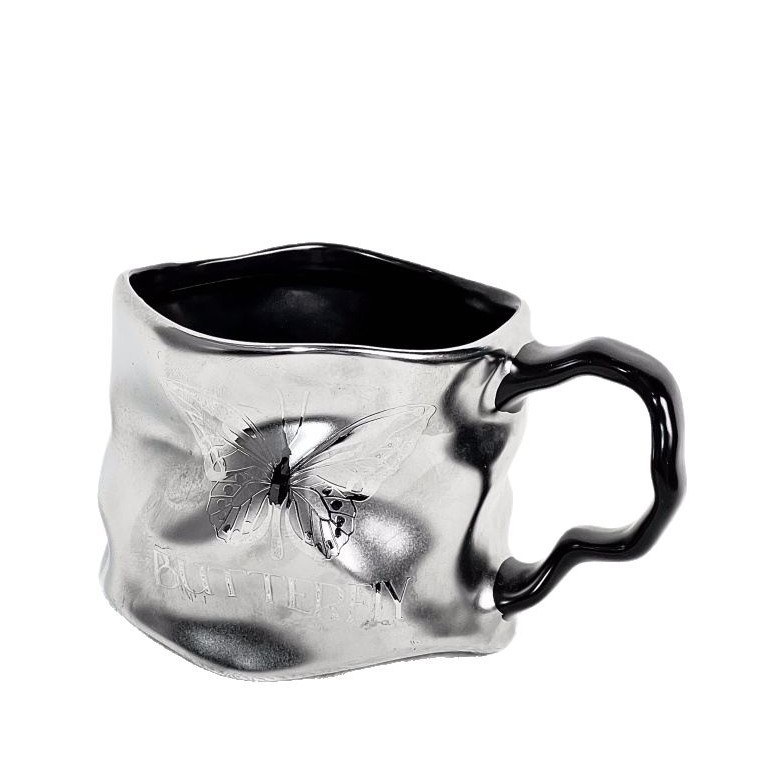 Wrinkle Design Personality High-end Wave Cup Ceramic Mug High Aesthetic Wholesale Titanium Coating Dark Silver Matte_voghion.com
